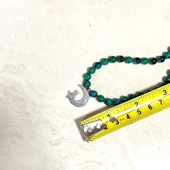 Teal Chrysocolla Short Necklace, Genuine Gemstone & Silver Cat on the Moon Charm - Picture 11 of 13
